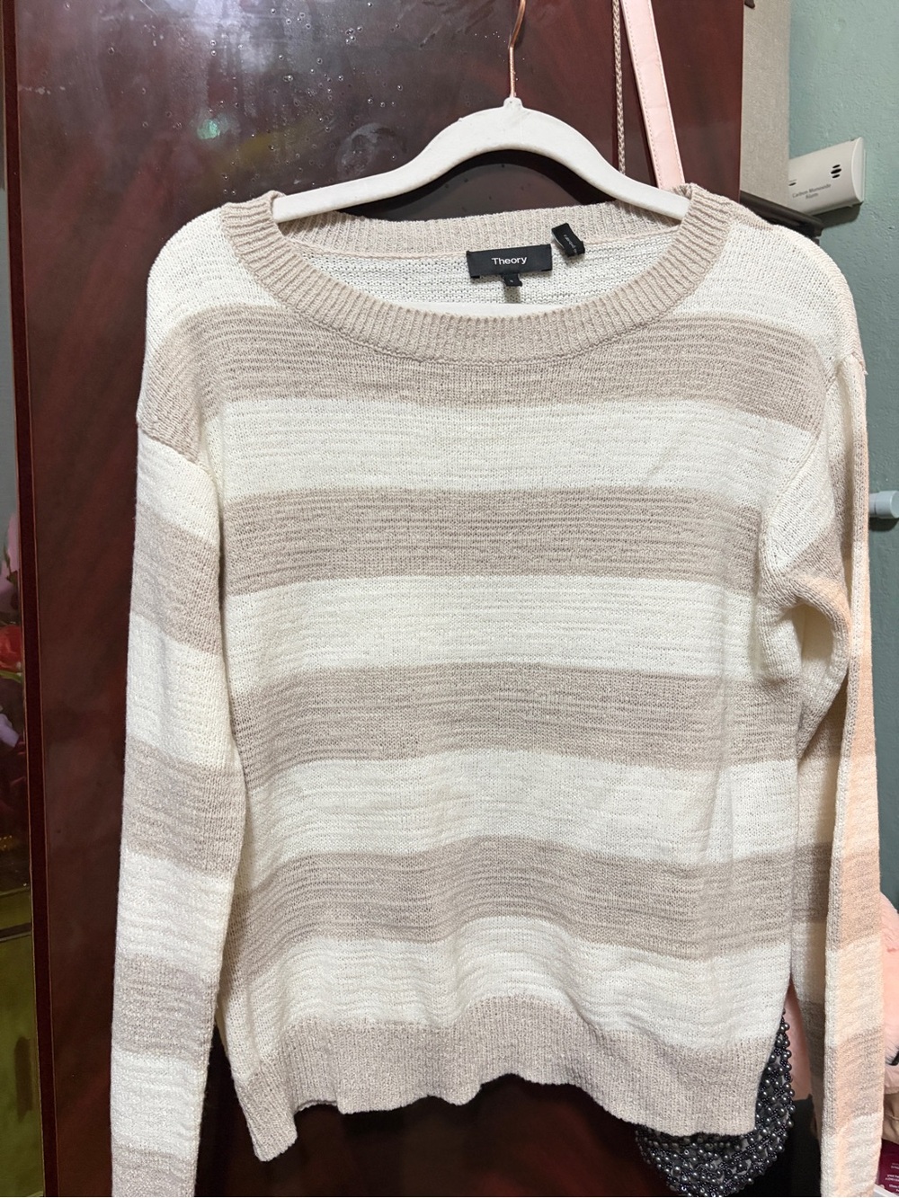 Theory Women's Beige and Cream Striped Crewneck Sweater